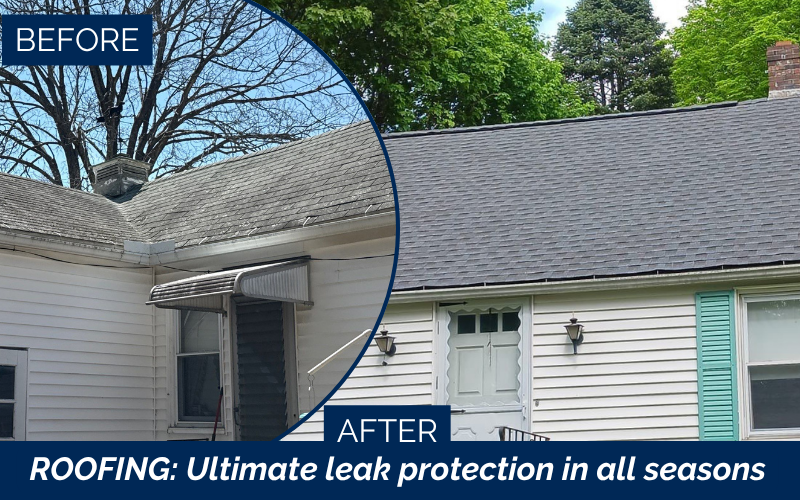 A before-and-after image shows an old, worn roof compared to a newly installed, clean roof on a white house. Text reads: Roofing Contractor in Sterling MA—ultimate leak protection in all seasons.