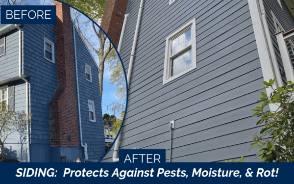 James Hardie Boothbay Blue siding before and after transformation in Arlington MA, Greater Boston, Middlesex County