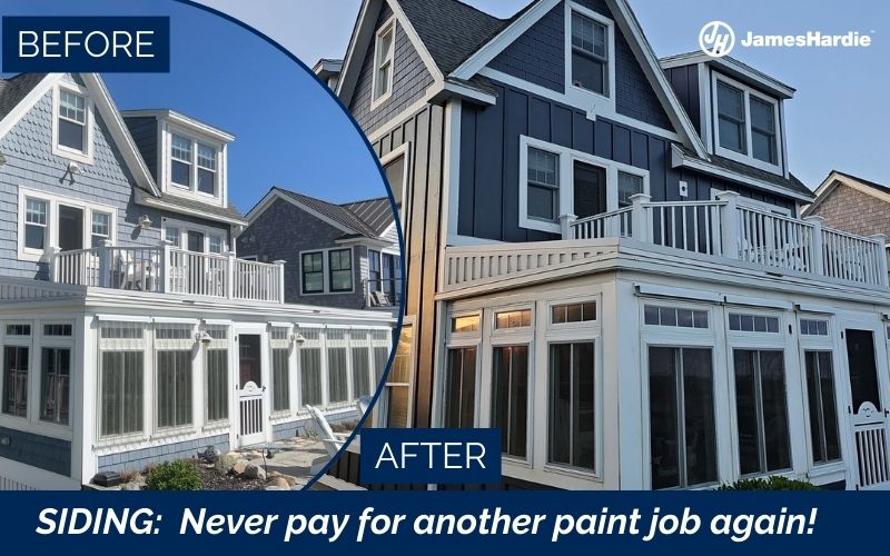 Before and after James Hardie siding replacement in Wells ME featuring Deep Ocean board & batten and Arctic White trim installed by certified contractors.