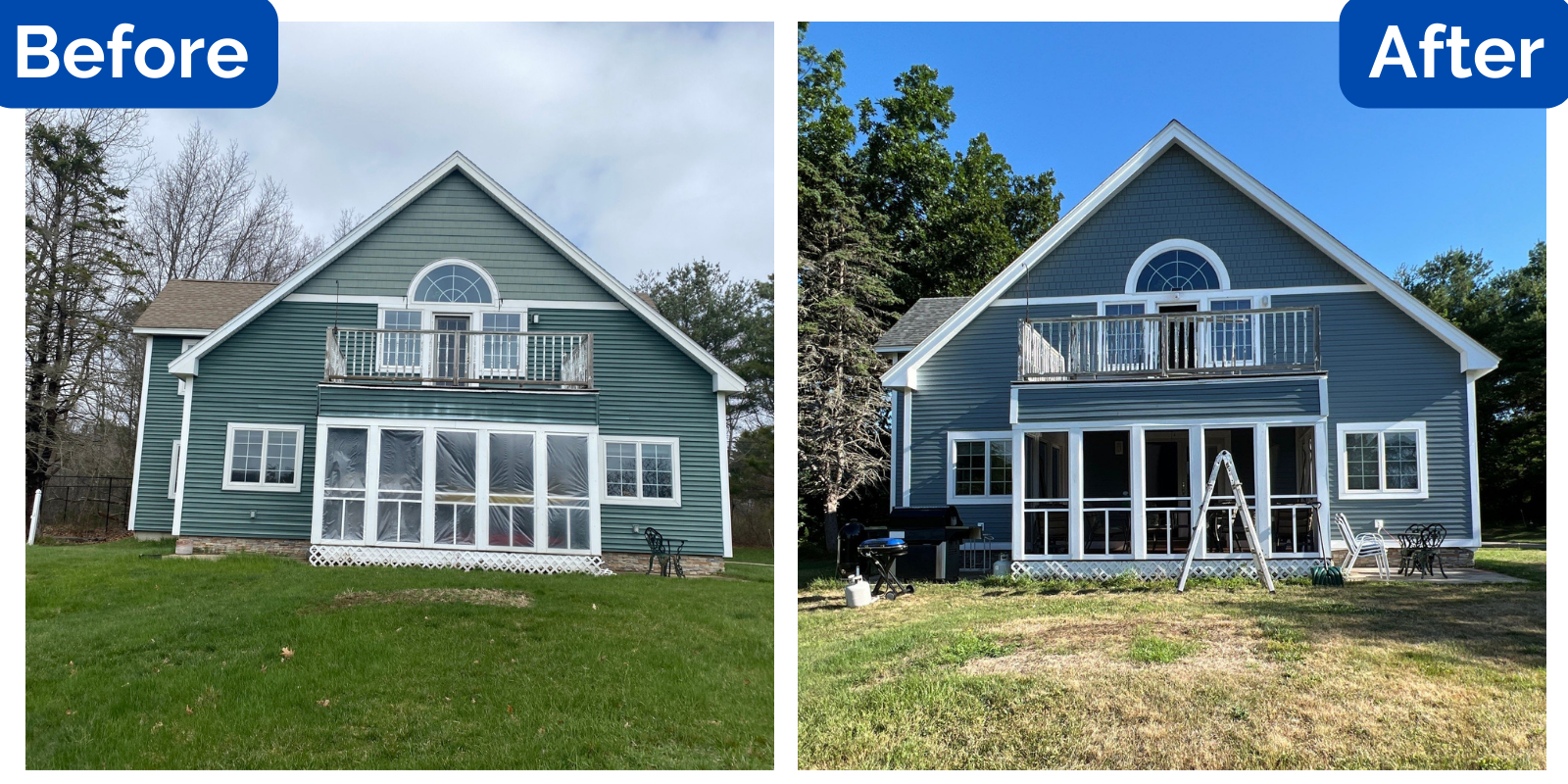 Before and after transformation of Beverly MA home with James Hardie blue siding, installing siding in the summer project
