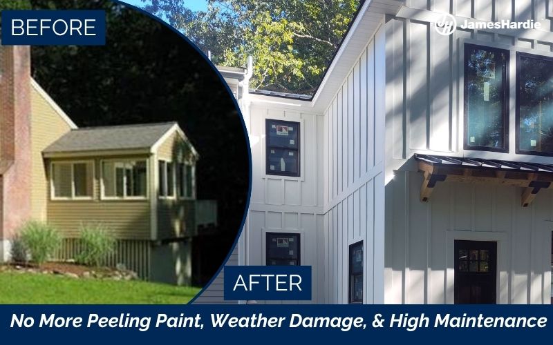 James Hardie arctic white board and batten before and after transformation in Groton MA, Central Mass, Middlesex County