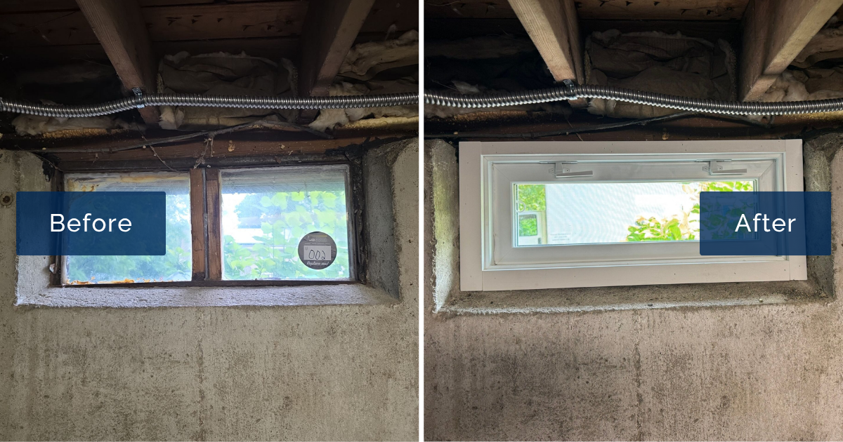 A weathered two-pane wood basement window with a peeling frame sits beside its replacement, a clean white Harvey Tribute hopper set into the same concrete opening. This side-by-side shows a basement window installation in Salem done right.