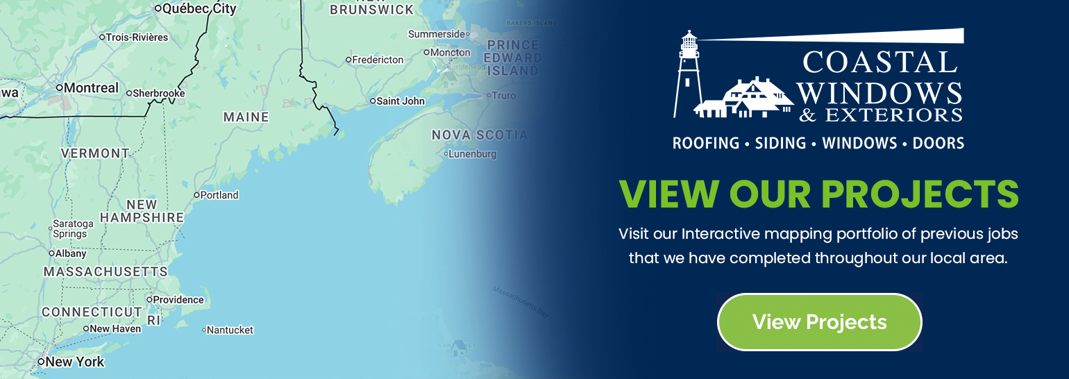 A map of the northeastern US and parts of Canada is on the left. On the right, Coastal Windows & Exteriors invites you to find local home contractors for roofing, siding, windows, and doors with a View Our Projects button.