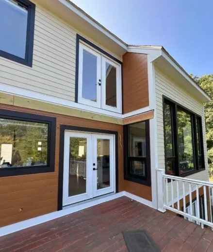 White and Wood Brown James Hardie Siding Installed near Carlisle MA