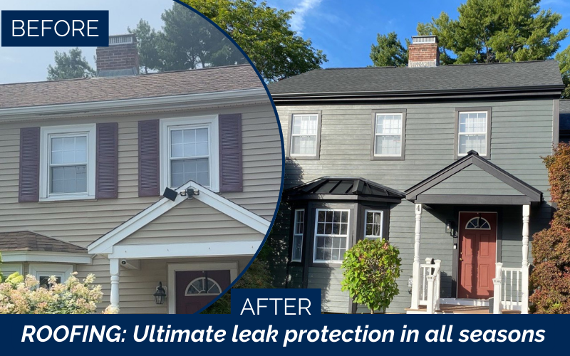 Roofing contractor in Woburn MA before and after GAF Timberline charcoal roof transformation, Greater Boston, Middlesex County