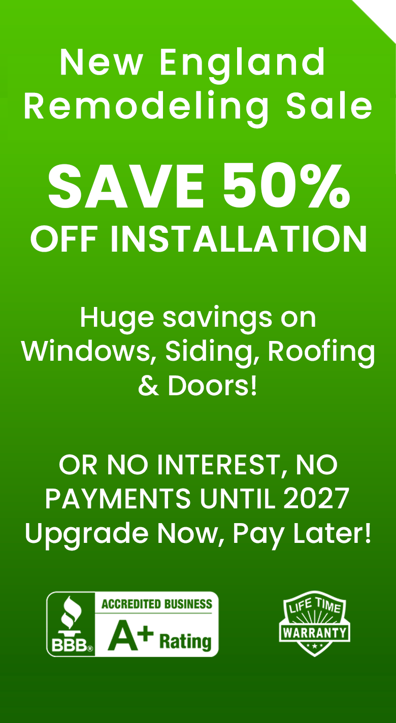 Green advertisement for a New England Siding Contractor PPC sale—get 50% off installation, huge savings on windows, siding, roofing, and doors. No payments until 2027. Includes BBB A+ rating and lifetime warranty icons.