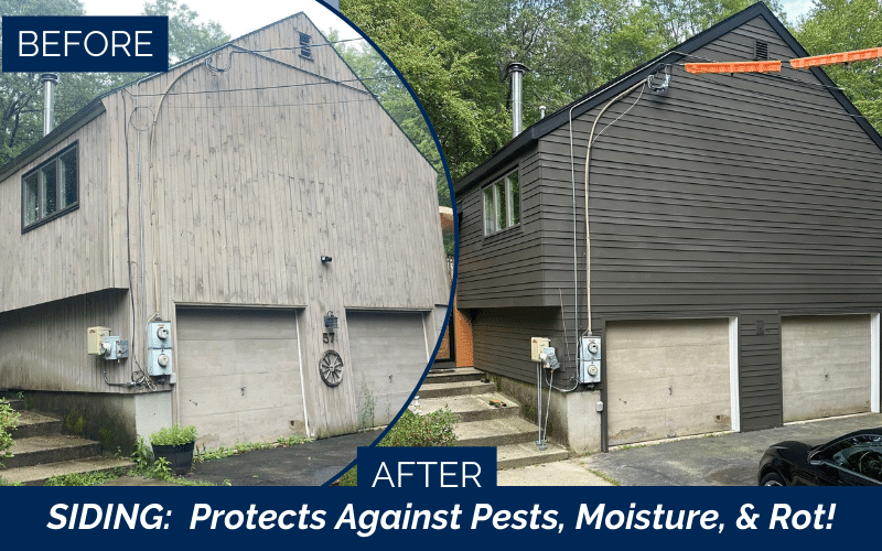 Before and after rich espresso plank siding transformation by James Hardie installer in Derry NH, Southern NH, Rockingham County