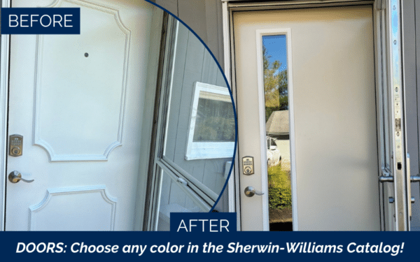 Before and after white steel entry door transformation for energy efficient doors in Duxbury MA, South Shore, Plymouth County