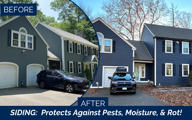 Before and after deep ocean siding transformation by James Hardie certified installers in Georgetown MA, North Shore, Essex County