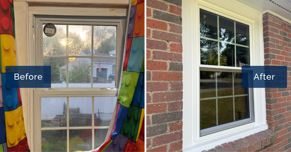 An older double-hung window framed by bright toy-block curtains is shown beside a crisp new white Vytex double-hung set into red brick. This side-by-side reflects the work of a window contractor in Wenham.