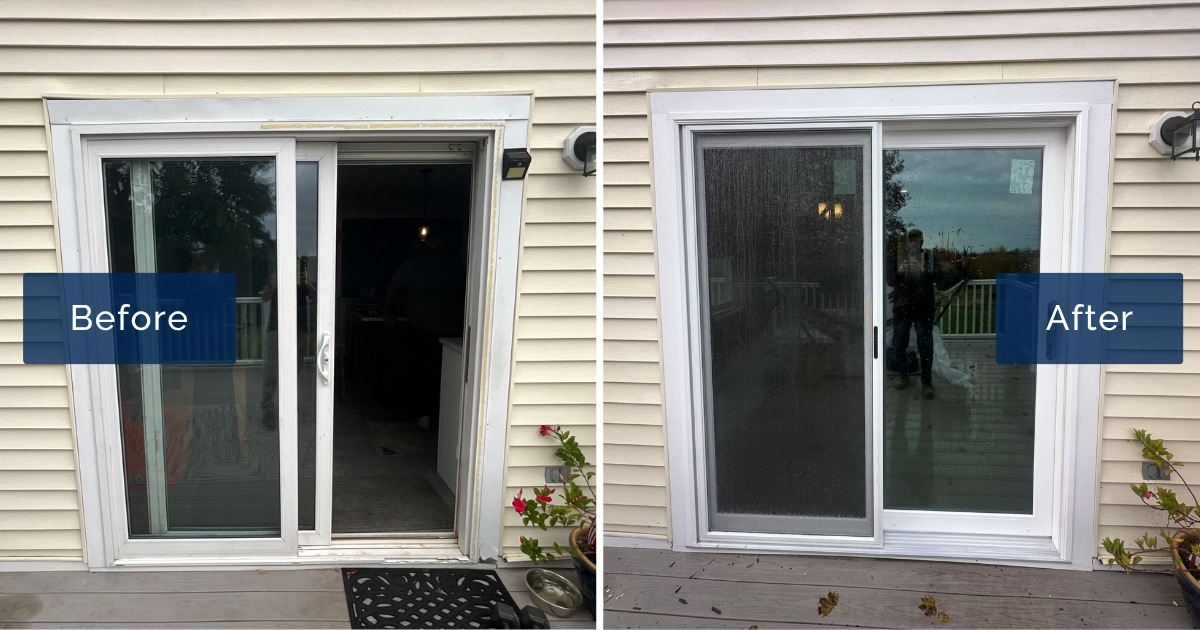 An aging sliding door with worn trim and an open panel sits beside its replacement, a crisp white Vytex Potomac slider set into pale yellow siding off the deck. This before-and-after highlights energy efficient doors in Chester NH.