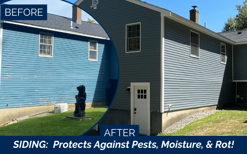 Before and after James Hardie certified installers in Eliot showcasing Boothbay Blue Cedarmill Plank siding upgrade in Eliot ME York County Southern Maine