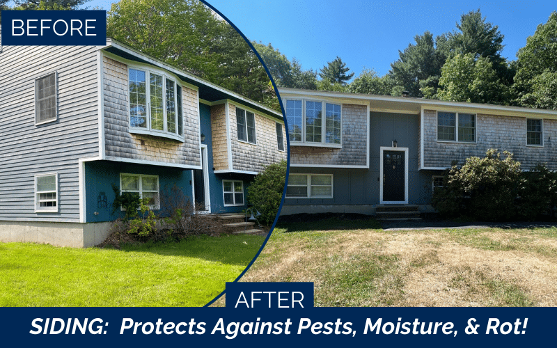 Before and after James Hardie certified installers in Eliot showcasing Boothbay Blue Cedarmill Plank siding upgrade in Eliot ME York County Southern Maine