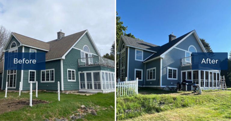 Faded green siding on this Kittery coastal home is shown beside the same rear elevation finished in Boothbay Blue James Hardie lap siding with white trim. The transformation highlights James Hardie siding installation in Kittery Maine.