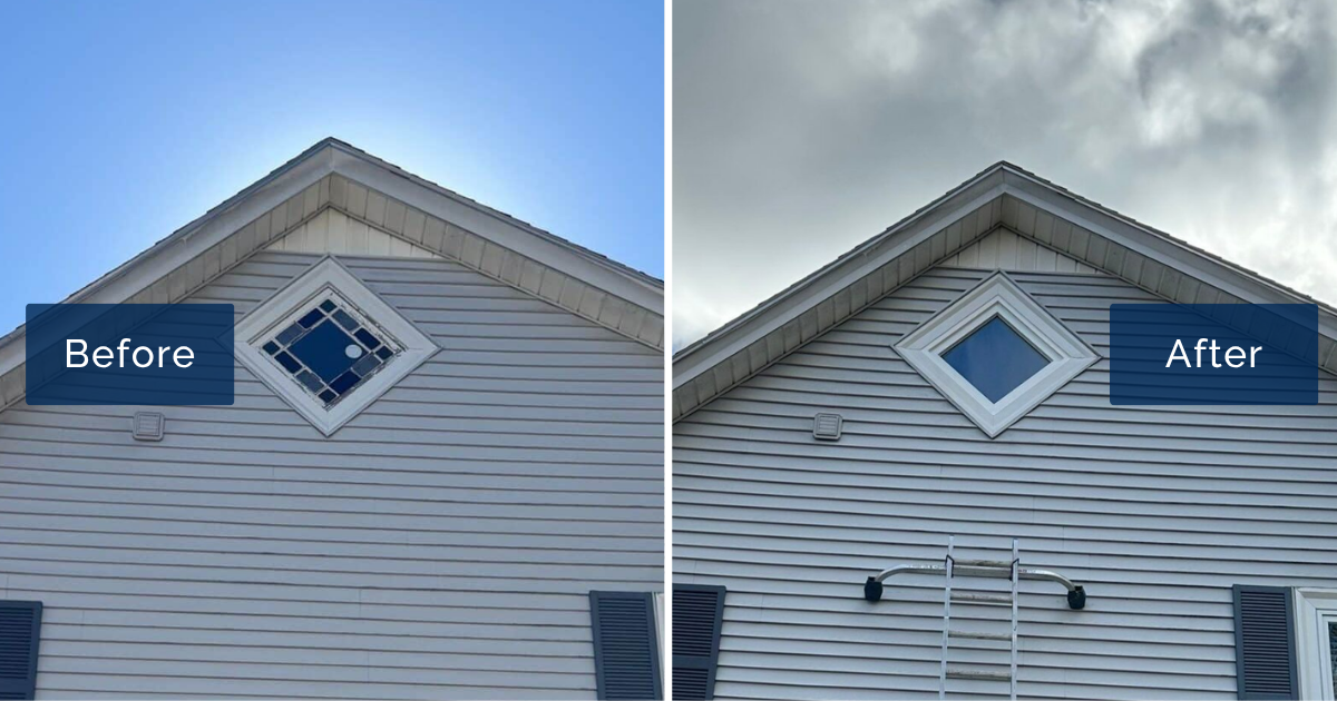 An old diamond-shaped stained-glass window high in a gray gable is shown beside its replacement, a clean white diamond window with clear insulated glass. This side-by-side highlights a specialty window installation in Manchester NH.