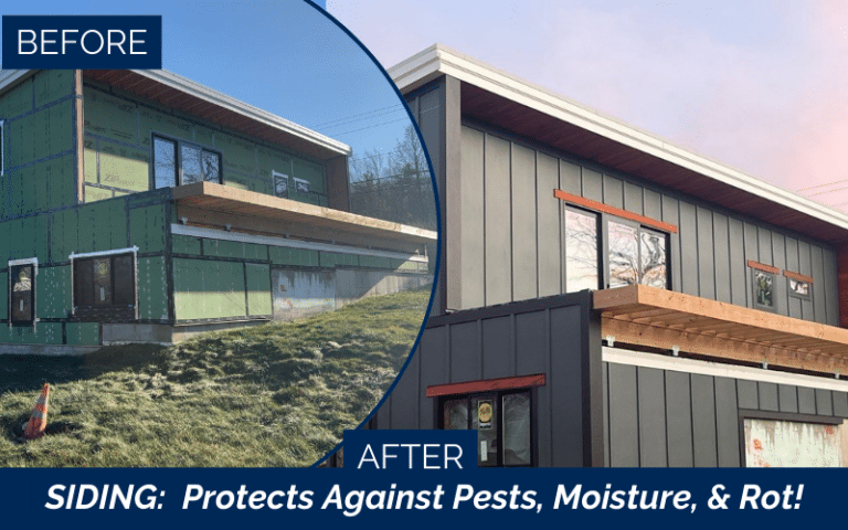 Before and after James Hardie certified installers in Stratham featuring Iron Gray siding replacement in Stratham NH Rockingham County Seacoast