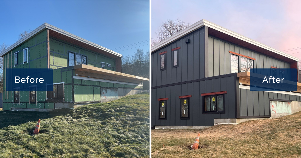 A new contemporary home wrapped in green ZIP System sheathing is shown beside the same corner finished in dark James Hardie panel siding with vertical battens. This side-by-side shows the precision of James Hardie certified installers in Stratham.