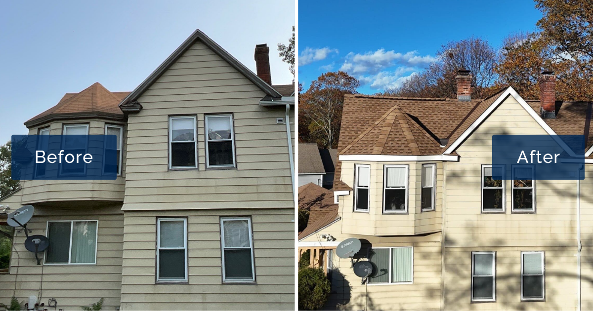 A worn, faded roof above a bay window and cream siding is shown beside the same Worcester home topped with new GAF Timberline HDZ shingles in warm Shakewood. The side-by-side reflects the work of a roofing contractor in Worcester MA.