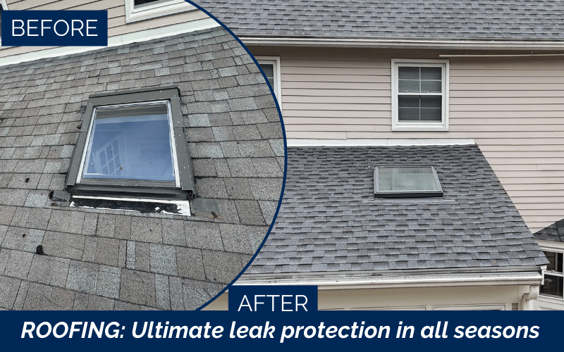 Before and after roof replacement in Bedford NH by a professional roofing contractor.