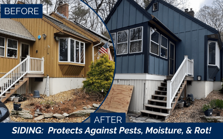 James Hardie certified installers in Derry NH showing before and after Boothbay Blue board and batten siding installation in Rockingham County New England