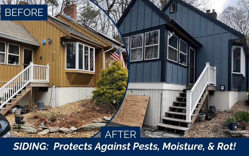 James Hardie certified installers in Derry NH showing before and after Boothbay Blue board and batten siding installation in Rockingham County New England