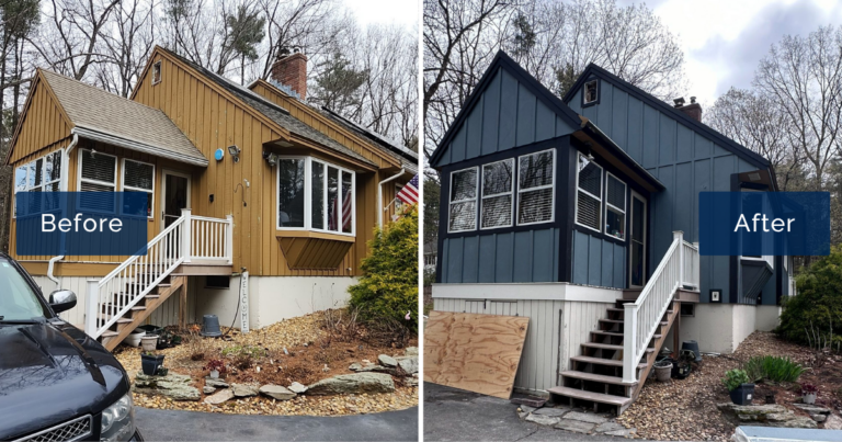Faded tan board and batten siding on a Derry Cape is shown beside the same entry finished in Boothbay Blue James Hardie board and batten with Midnight Black trim. The bold upgrade is the work of James Hardie siding installers in Derry NH.