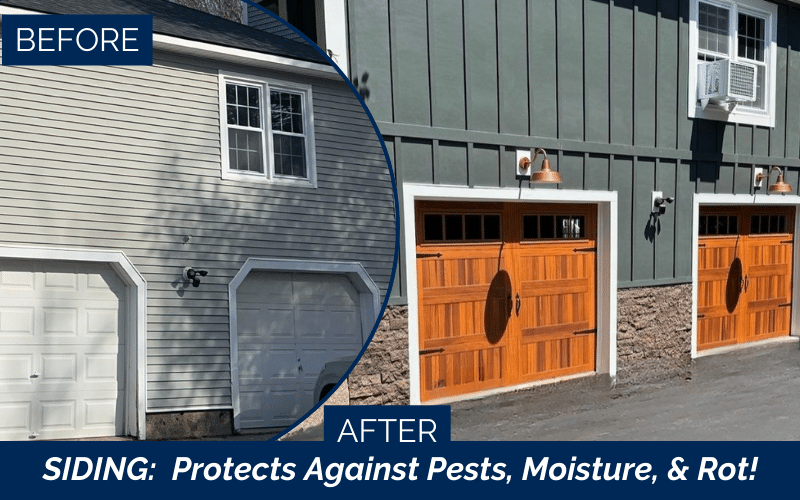 James Hardie siding installers in Merrimack NH showing before and after Iron Gray plank siding replacement in Hillsborough County New England