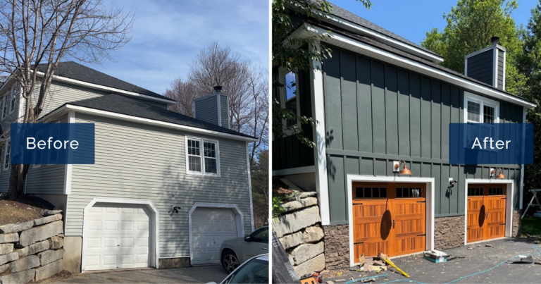 Pale gray vinyl siding and plain white garage doors are shown beside the same wing finished in Iron Gray James Hardie board and batten, Evolve Stone, and wood-tone doors. The transformation is the work of James Hardie siding installers in Merrimack.