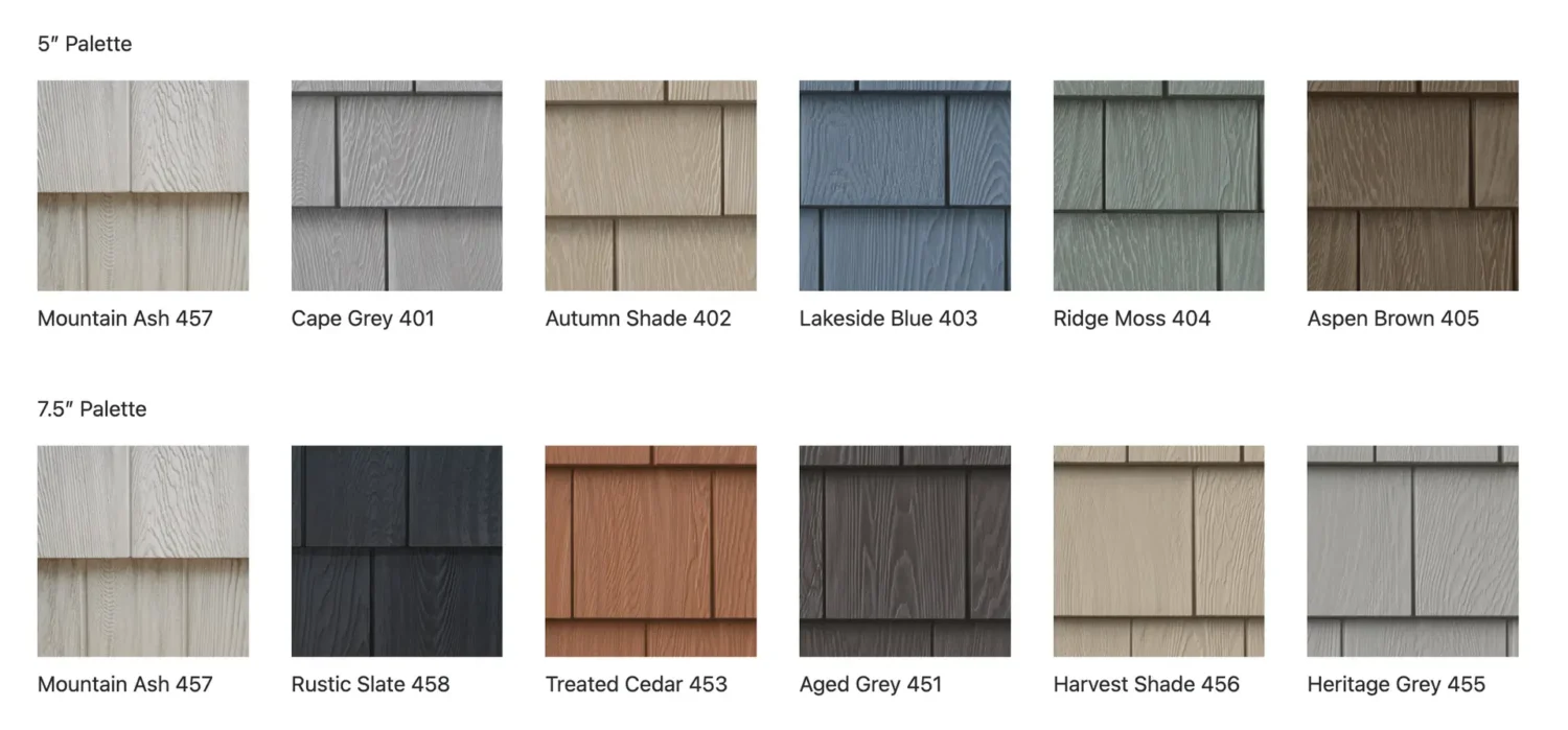 Sample boards showcasing several vinyl cedar shake siding finishes and textures. These color choices help homeowners find the right balance between authentic cedar appearance and modern weather resistance.