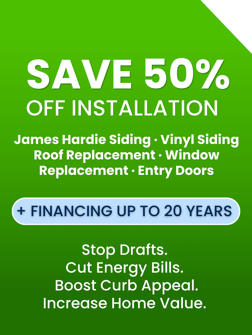 Coastal Windows and Exteriors Spring 2026 promotion 50 percent off installation on James Hardie siding vinyl siding roofing window replacement and entry doors with New England home exterior