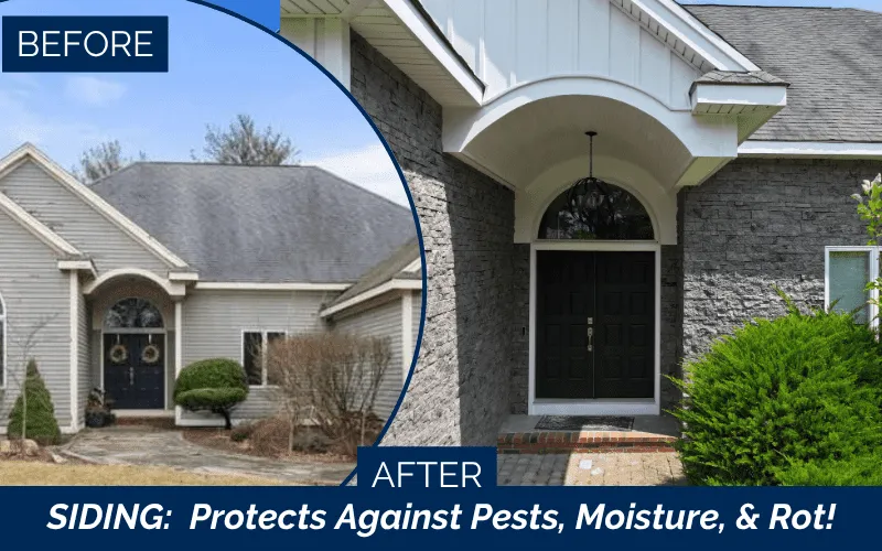 A before-and-after exterior remodeling comparison highlights the dramatic transformation of a North Shore home. Investing in high-roi exterior upgrades such as siding and exterior enhancements can significantly improve curb appeal and property value.