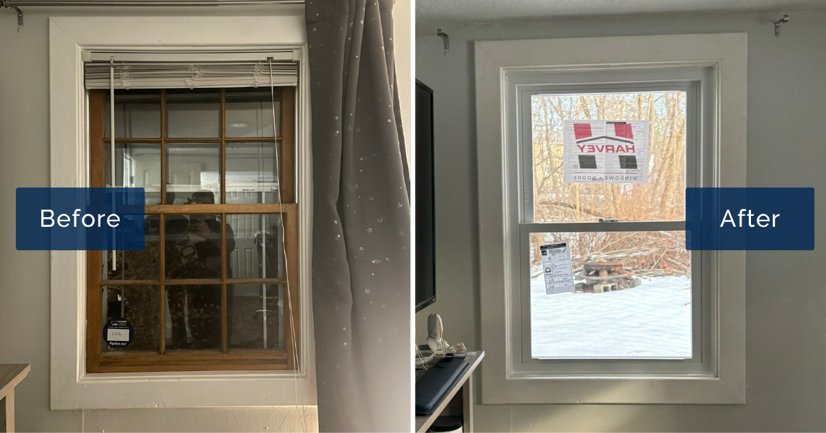 An old wood-framed grid window with blinds and a starry curtain is shown beside a bright new white Harvey double-hung looking out on a snowy yard. This side-by-side captures a window installation in Billerica that started with one broken window.