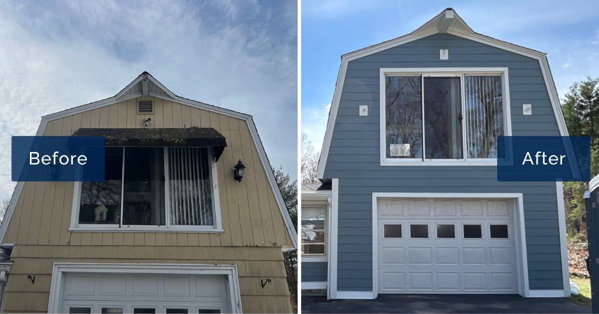 Weathered tan wood siding and a moss-covered awning on a gambrel garage are shown beside the same front finished in Boothbay Blue James Hardie plank with Arctic White trim. The transformation is the work of James Hardie installers in Haverhill, MA.