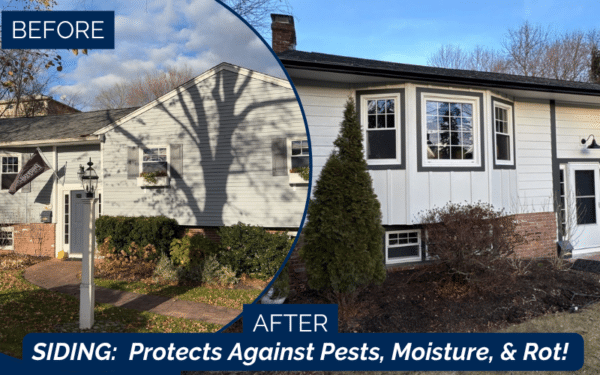 Before and after James Hardie siding installation in Marblehead MA.
