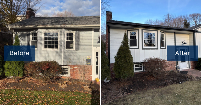 Pale blue siding with dark shutters on a Marblehead split-level sits beside the same front finished in Arctic White James Hardie board and batten with charcoal window trim. The transformation reflects the work of a James Hardie contractor in Marblehead.