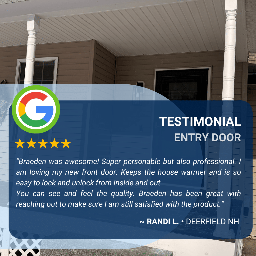Google 5-star review from Randi L. in Deerfield NH praising Braeden and her new entry door installation by Coastal Windows and Exteriors