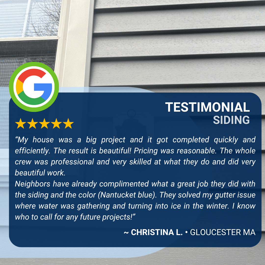 Google 5-star review from Christina L. in Gloucester MA praising siding installation in Nantucket blue by Coastal Windows and Exteriors