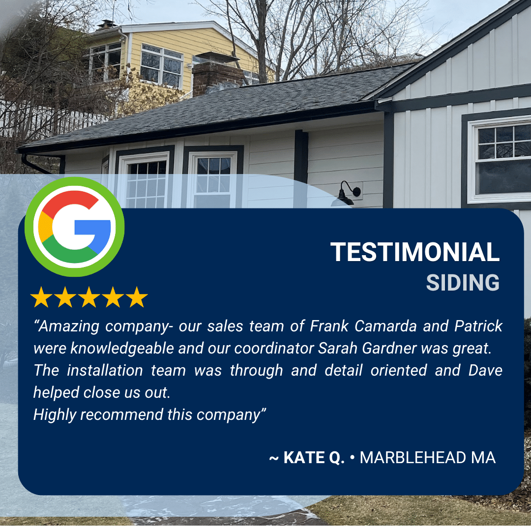 Google 5-star review from Kate Q. in Marblehead MA recommending Coastal Windows and Exteriors for professional siding installation