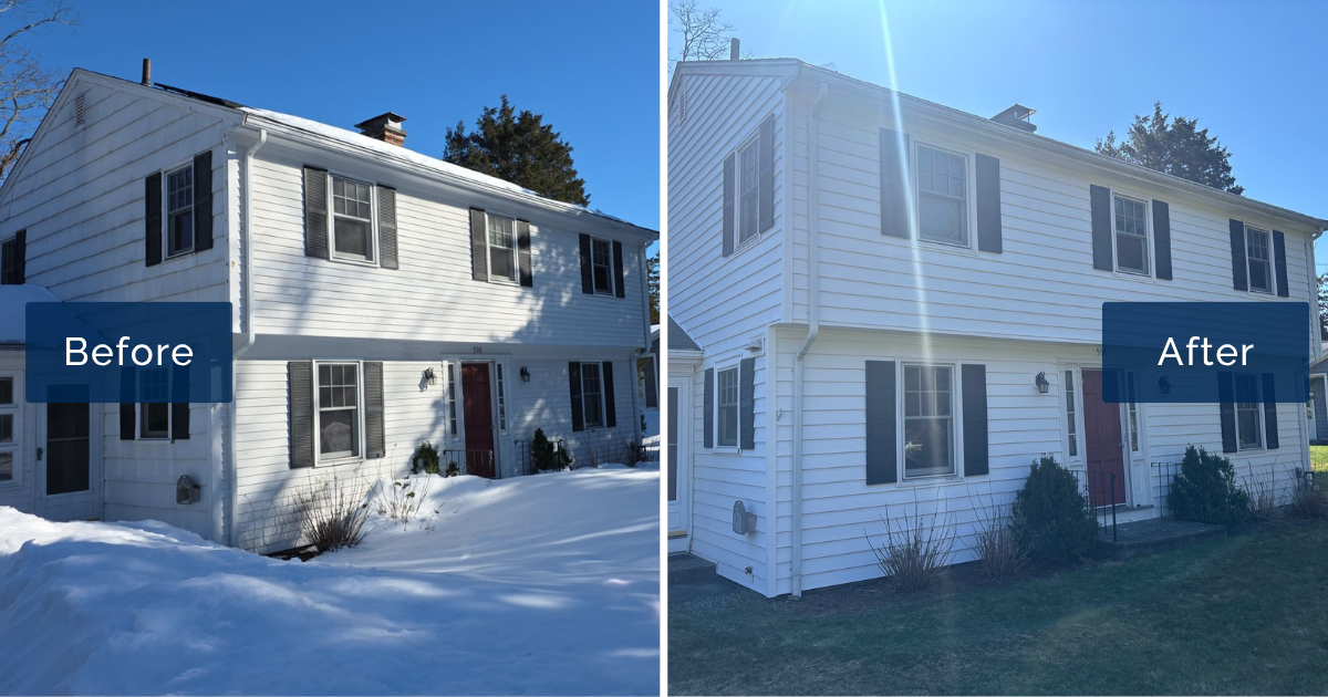 A snowy view of this Attleboro colonial with aging white wood shingles sits beside the same front finished in crisp Aspen White CraneBoard siding with dark shutters. The bright new exterior is the result of a vinyl siding installation in Attleboro.