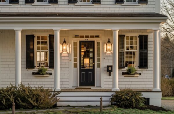 elegant entryway featuring front door replacement near me in Cohasset, MA with classic columns and enhanced curb appeal.