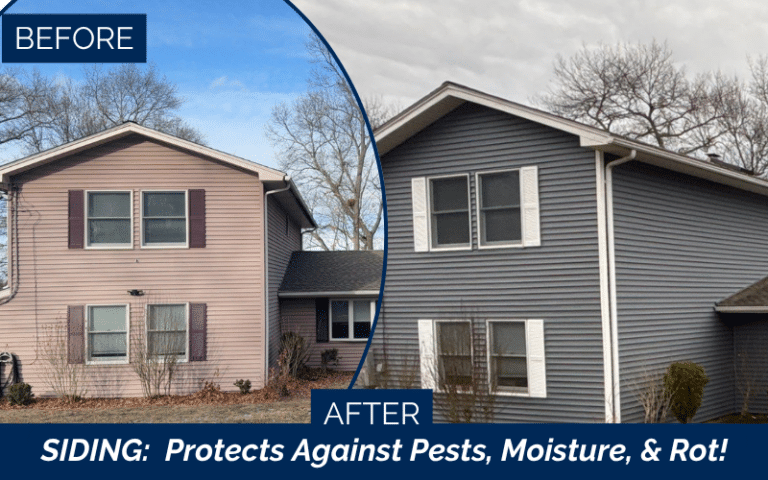 Vinyl siding installation in Peabody MA featuring a before and after image with the final result of premium point vinyl siding in Oceanside color.