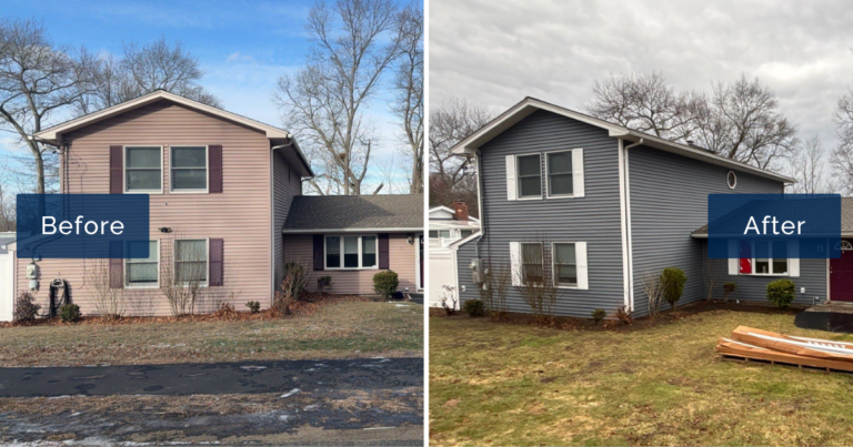 Faded pink vinyl and burgundy shutters on a Peabody split-level are shown beside the same home in Oceanside blue Premium Pointe D4 with white shutters. The transformation reflects a full vinyl siding installation in Peabody.