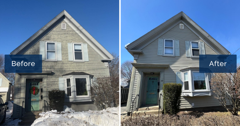 Weathered gray cedar shingles on a Rockport cottage are shown beside the same front finished in smooth Monterey Taupe James Hardie CedarMill plank with shutters back in place. The refresh is the work of James Hardie certified installers in Rockport.