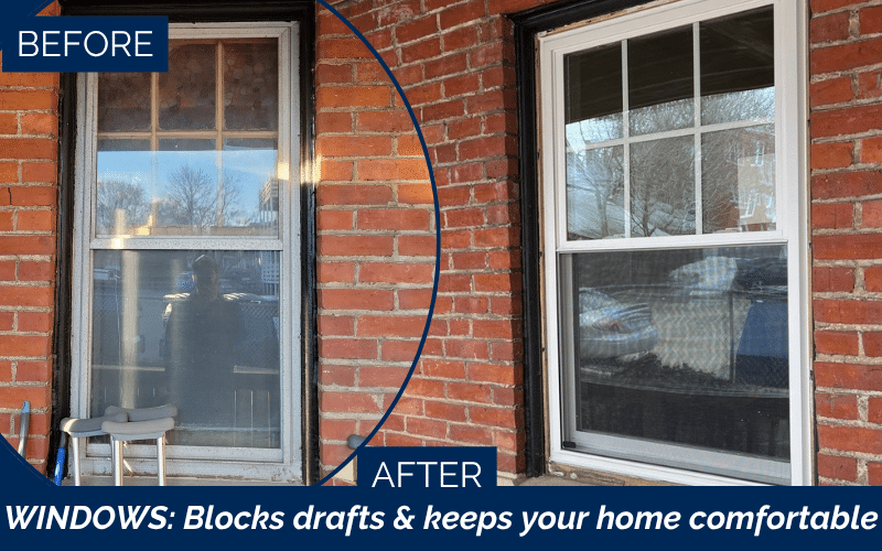 Before and after window installation in Salem MA improving curb appeal.