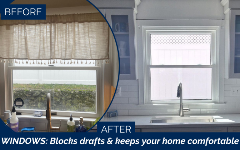 Before and after window installation in Swampscott MA improving the appearance and comfort of a residential kitchen,