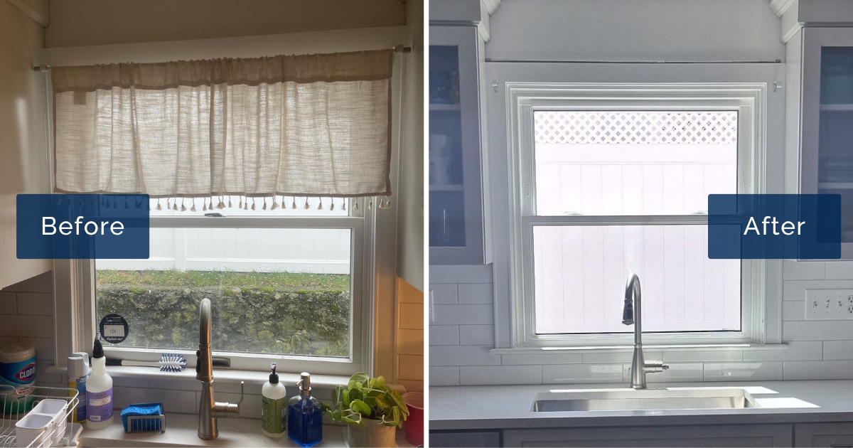 An old kitchen window with a tasseled valance over a cluttered sill is shown beside a bright new Harvey Tribute double-hung above a clean sink and white tile. This side-by-side shows a window installation in Swampscott in a 100-year-old home.