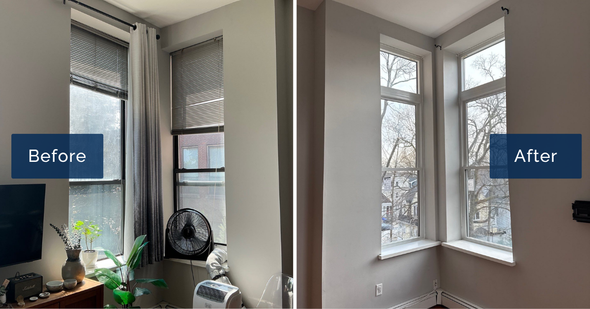 A corner of a Boston apartment with dated dark-framed windows, blinds, and a fan is shown beside the same corner fitted with bright white Vytex Potomac double-hungs. This side-by-side highlights a window installation in Boston.