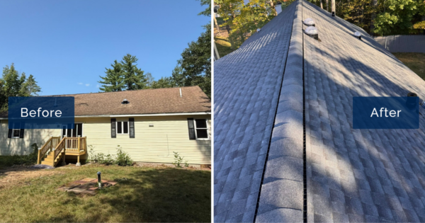 A ranch home with a worn brown asphalt roof is shown beside a rooftop view of new Charcoal GAF shingles and a clean ridge vent. This side-by-side reflects the work of a roofing contractor in Farmington.