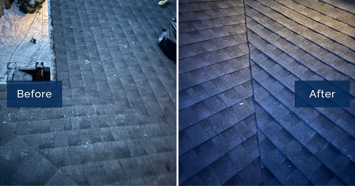 A frost-covered section of worn shingles with tools nearby is shown beside the same valley finished in clean Charcoal GAF Timberline HDZ shingles. This side-by-side shows the targeted repair by a roofing contractor in Marblehead.