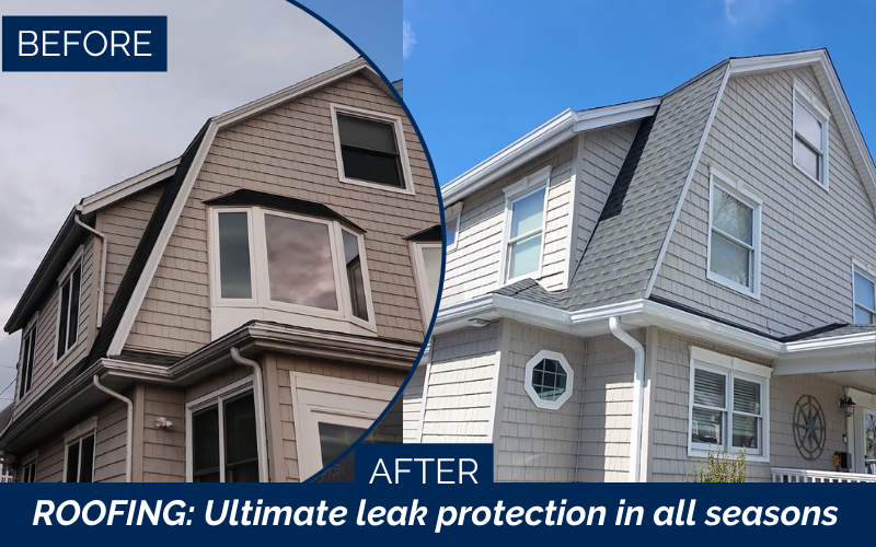 Before and after roof replacement in Winthrop MA improving curb appeal.
